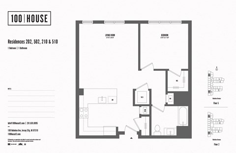 1 bed 1 bath floor plan R at 100 House Apartments, Jersey City , NJ, 07310